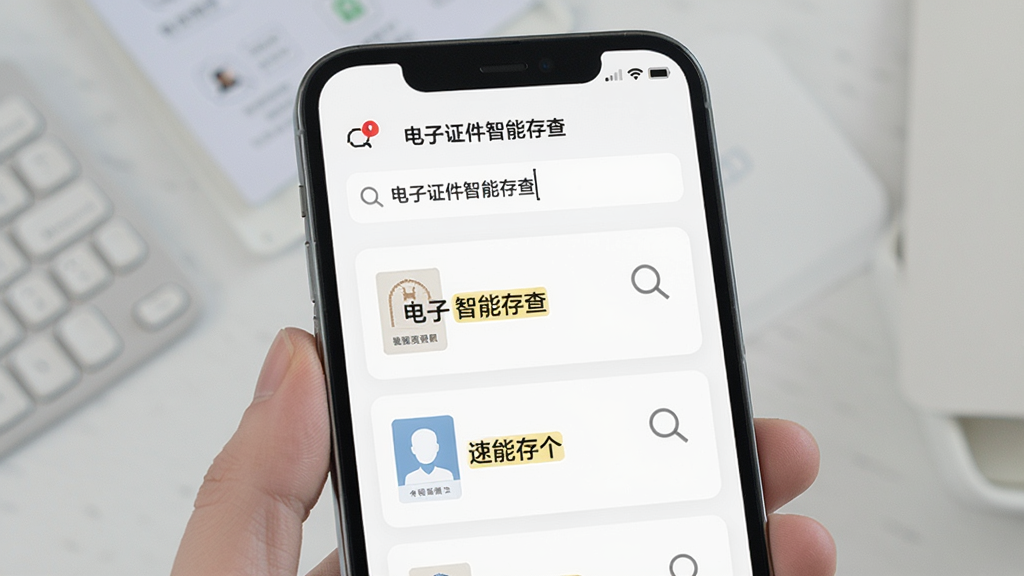 手机屏幕显示“电子证件智能存查”的搜索界面,顶部搜索框内输入关键词,下方展示匹配的证件卡片列表,布局为上下结构,风格为现代简约风,细节包含放大镜图标与高亮匹配文字,画质清晰干净,无多余元素