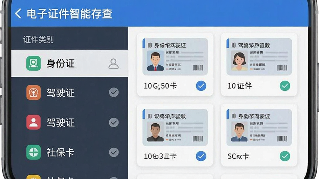 手机界面中展示“电子证件智能存查”的分类管理页面,左侧为证件类别列表包含身份证、驾驶证、社保卡等标签,右侧为对应证件卡片缩略图,布局为左右分栏结构,风格为清爽扁平化设计,细节包含彩色分类图标与勾选状态,画质清晰干净,无多余元素