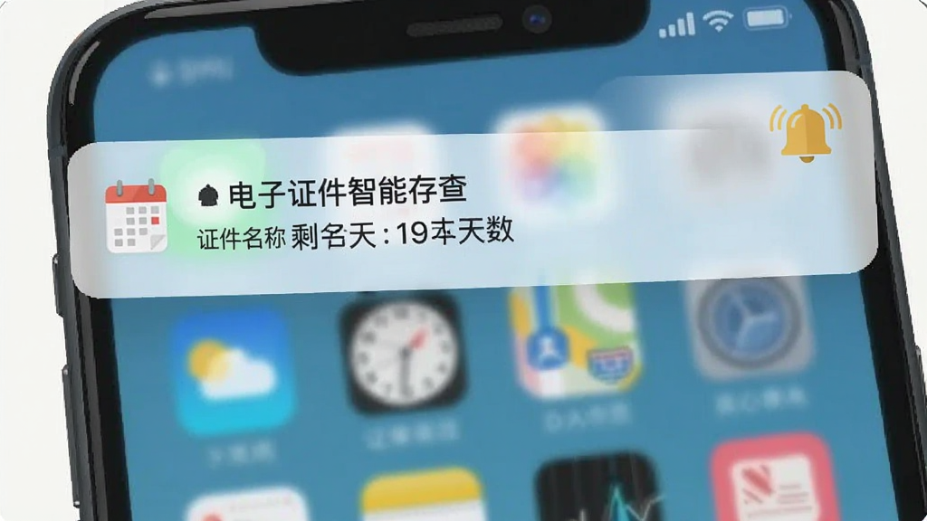 手机通知栏弹出“电子证件智能存查”的到期提醒通知,通知内容显示证件名称与剩余天数,背景为手机桌面场景,布局为顶部通知卡片结构,风格为生活化扁平插画,细节包含日历图标与提醒铃铛,画质清晰干净,无多余元素