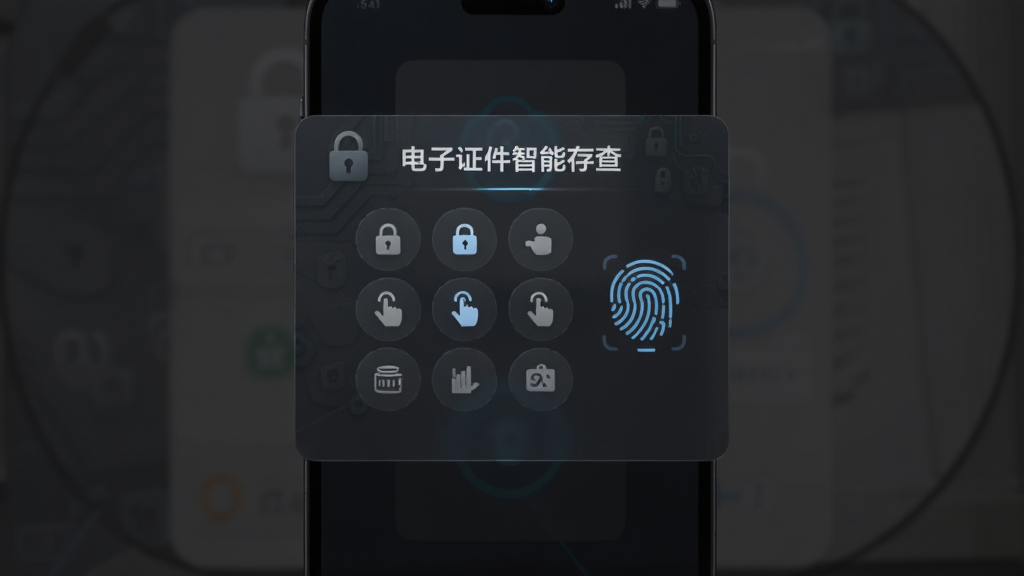 手机界面展示“电子证件智能存查”的安全验证弹窗,弹窗内包含手势密码九宫格与指纹识别图标,背景为深色半透明遮罩,布局为居中弹窗结构,风格为安全科技风,细节包含锁形图标与加密纹理,画质清晰干净,无多余元素
