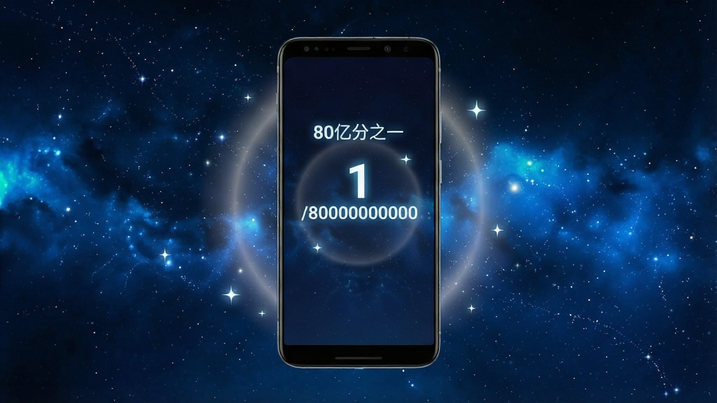 一张以深蓝星空为背景的手机应用展示图,画面中央是一部竖屏安卓手机,手机屏幕上显示“80亿分之一”的启动界面,界面中央有一个发光的数字“1/8000000000”字样,手机周围环绕着细小的星点和柔和的光晕,整体风格简洁清新,布局居中对称,细节干净无多余元素,画质清晰明亮