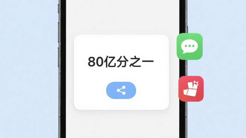一张手机分享界面示意图,画面中一部手机屏幕显示“80亿分之一”的结果卡片,卡片上有分享按钮图标,旁边有聊天软件和社交平台的简约图标,背景为柔和浅蓝,风格干净清爽,布局简洁,画质清晰无多余元素