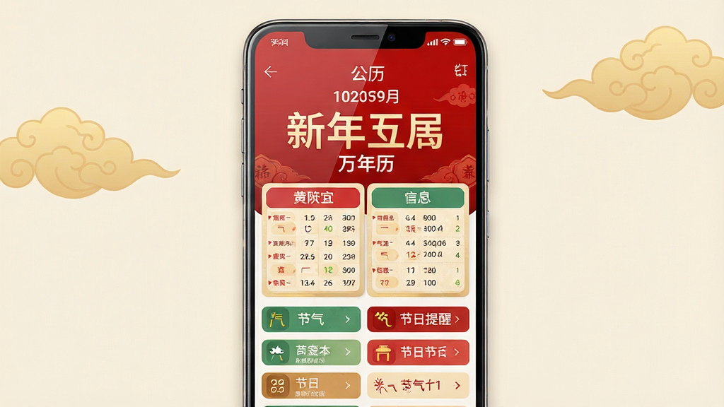新年万年历手机应用主界面展示,画面中央是一部竖屏安卓手机,屏幕内呈现红色喜庆风格的日历页面,上方显示公历日期与农历大字,中部为黄历宜忌信息卡片,下方排列节气与节日提醒条目,背景为浅米色桌面与淡金色祥云装饰,整体布局居中对称,风格为写实产品展示风,细节包含手机边框反光、图标清晰、文字为中文日历字样,画质清晰干净无多余元素