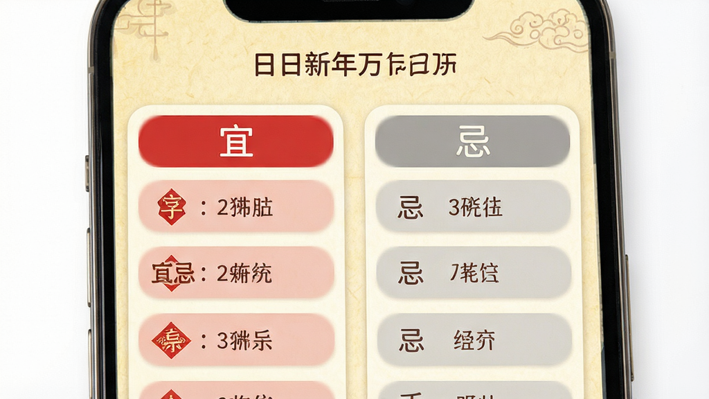 新年万年历黄历宜忌页面展示,手机屏幕内呈现宜忌双栏卡片,左侧为红色宜字条目列表,右侧为灰色忌字条目列表,上方有当日日期标题,背景为淡黄色纸张纹理,风格为传统中式简约风,细节包含条目文字整齐、卡片圆角柔和、配色喜庆,画质清晰干净无多余元素