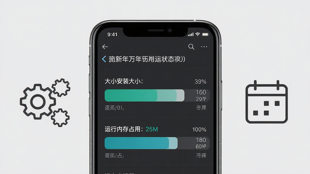 新年万年历应用体积与运行状态示意图,画面中央为手机屏幕显示应用信息页面,包含安装包大小与运行内存占用数据条,旁边配有简洁的齿轮与日历图标,背景为浅灰色纯色背景,风格为科技简约风,细节包含数据条清晰、图标线条干净、排版整齐,画质清晰干净无多余元素