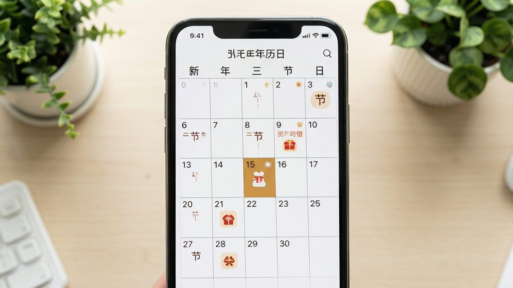 新年万年历节气节日标注月历视图,手机屏幕显示整月日历网格,部分日期格子内带有节气名称与节日小图标,选中日期高亮显示,背景为浅色桌面与绿植点缀,风格为清新生活风,细节包含网格线条细腻、图标小巧、文字清晰,画质清晰干净无多余元素