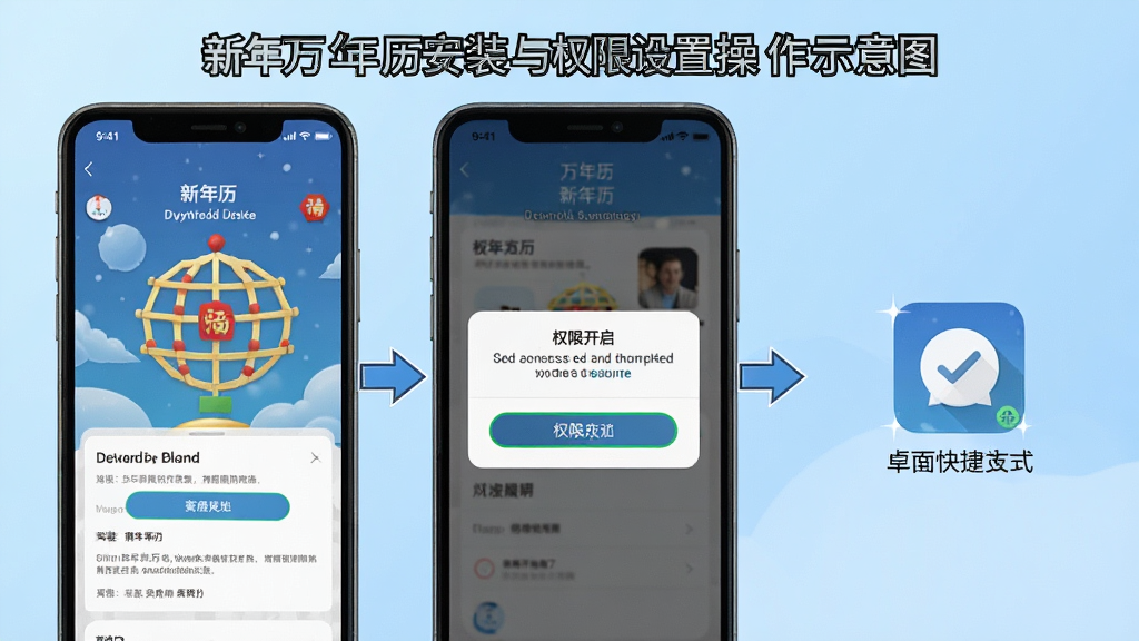 新年万年历安装与权限设置操作示意图,画面为手机屏幕分步展示,左侧为下载安装界面,中部为权限开启弹窗,右侧为桌面快捷方式图标,背景为浅蓝色渐变,风格为教程图解风,细节包含步骤箭头、按钮高亮、文字清晰,画质清晰干净无多余元素