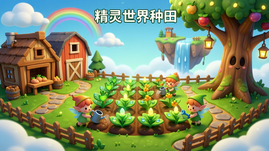画面主体是一片漂浮在云海之上的卡通农场,画面中央有一块整齐的田地,田里种着发光的魔法作物,几位圆润可爱的小精灵正在田间浇水采摘,画面左侧有一座木质加工工坊和谷仓,右侧是一棵巨大的精灵之树,树上挂着果实与灯笼,远处有瀑布从浮空岛边缘流下,天空中有几朵白云和彩虹,整体布局开阔明亮,排版上主体农场占据画面中心,工坊与精灵之树分列两侧形成平衡,风格为清新治愈的卡通渲染风格,细节上作物叶片有露珠光泽,精灵表情生动,木栅栏与石板路纹理清晰,画质为高清细腻,画面干净,无多余元素,图片上方中央有文字“精灵世界种田”。