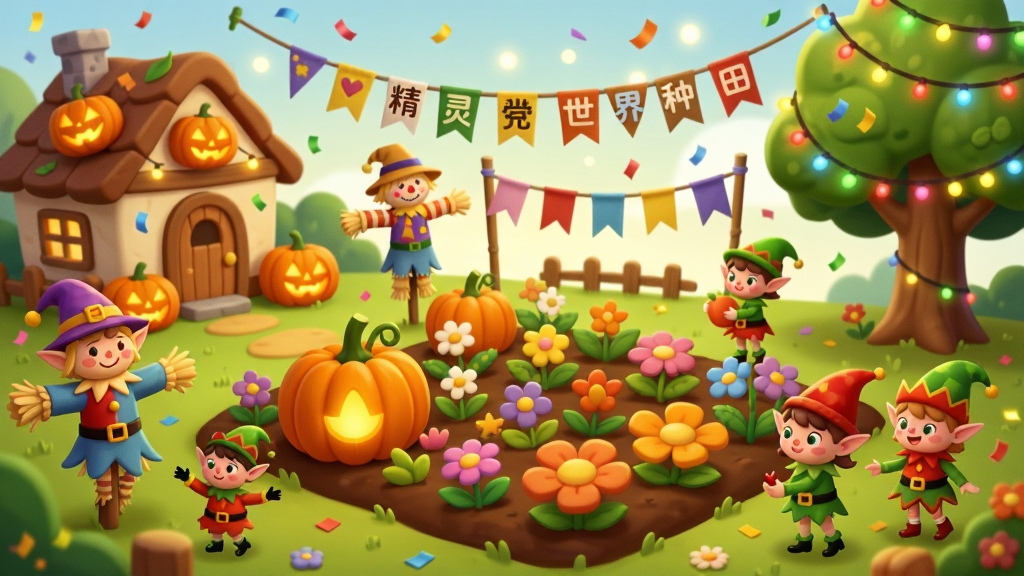 画面主体是一座卡通风格的节日主题农场,画面中央的田地里种着南瓜与彩色花卉,田地旁边摆放着节日主题的稻草人与彩旗,画面左侧有一座装饰着南瓜灯的小屋,右侧有一棵挂满彩灯的树,几只小精灵穿着节日服饰在田间忙碌,天空中有飘落的彩纸和柔和的光点,布局上田地位于画面中心偏下,小屋与彩灯树分列左右上方,风格为温馨欢快的节日卡通风格,细节上南瓜灯有暖色光晕,彩旗有轻微的飘动感,精灵服饰有细腻的布料纹理,画质为高清细腻,画面干净,无多余元素,画面中彩旗上写有文字“精灵世界种田”。