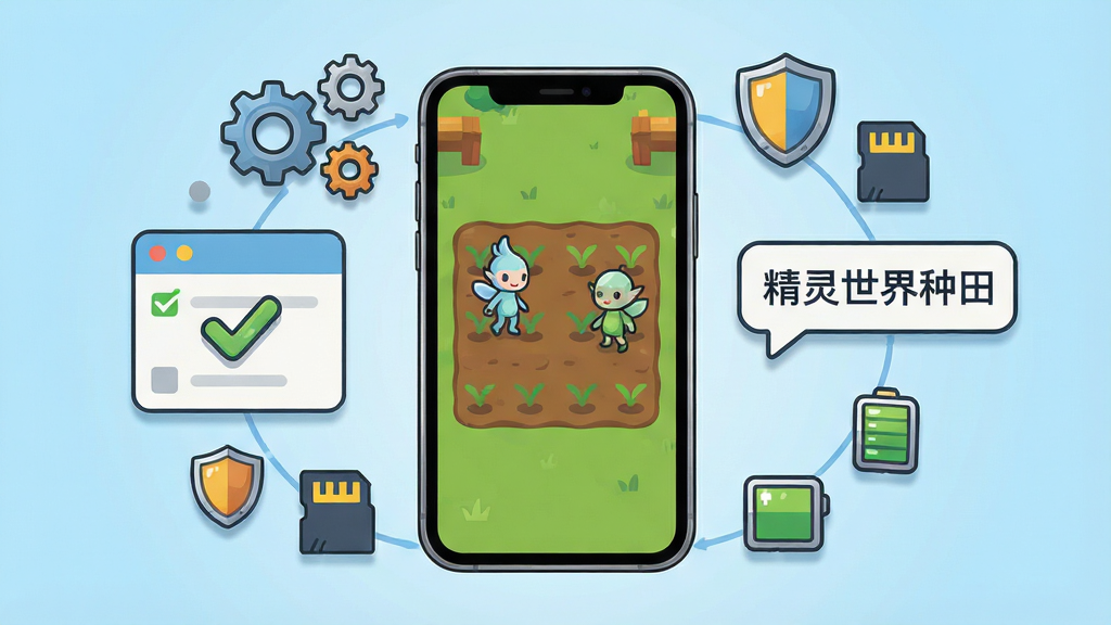 画面主体是一部智能手机的卡通示意场景,手机屏幕中央显示农场游戏界面,屏幕里有一块田地和两只小精灵,手机周围漂浮着齿轮、盾牌、存储卡和电池图标,画面左侧有一个带勾选标记的设置面板,右侧有一个提示气泡,布局上手机位于画面中心,图标环绕四周形成环形排列,风格为简洁的扁平化科技插画风格,细节上图标有柔和的投影,手机边框有金属质感,背景为浅蓝色渐变,画质为高清细腻,画面干净,无多余元素,画面中提示气泡内写有文字“精灵世界种田”。