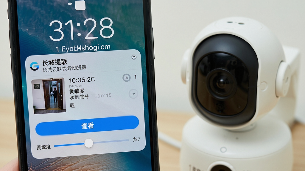 一部手机锁屏界面弹出长城云联的异动提醒通知,通知内包含一张门口抓拍缩略图与查看按钮,手机旁边放置一台开启移动侦测的摄像头,布局为居中特写,风格生活化,细节包含通知横幅、时间戳与灵敏度调节滑块,画质清晰,干净无多余元素