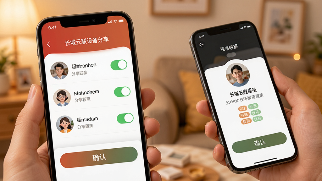 手机屏幕显示长城云联设备分享界面,界面内列出三位家庭成员头像与权限开关,画面右侧伸出另一部手机正在接收邀请,布局为左右呼应,风格温馨家庭感,细节包含分享链接、权限标签与确认按钮,画质清晰,干净无多余元素