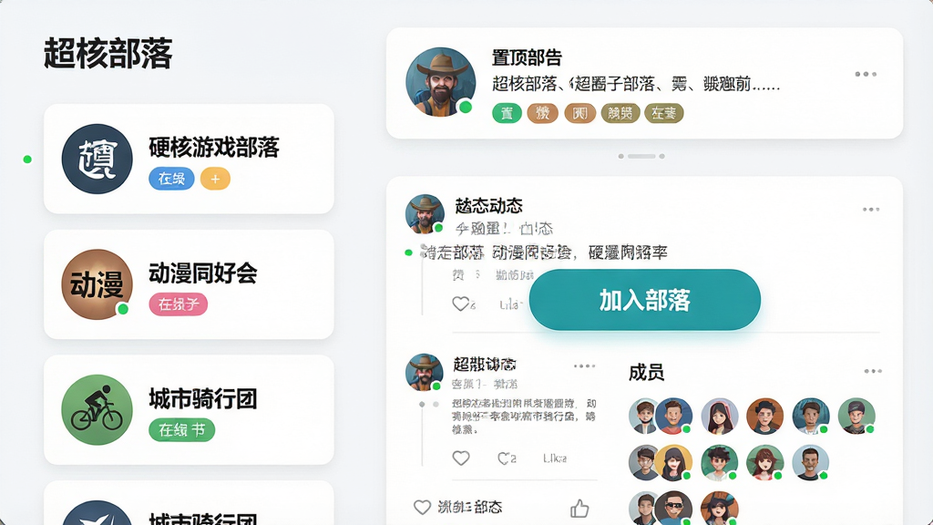 һ��չʾ�����˲��䡹��ȤȦ�ӹ��ܵĳ���ͼ���������Ϊ���ŵĲ����б���ÿ����������Բ��ͼ���������硸Ӳ����Ϸ���䡹������ͬ�û᡹�����������š����Ҳ�Ϊ��ǰ�������ҳ�������ö�����������̬��Ϣ�����Աͷ��ǽ���в���һ�������벿�䡹����Ŀ��ť�����岼�����ҷ����������������ǳɫ����Ƭʽ��ƣ�ϸ�ڰ�����ǩɫ�顢��Ա�����̵㡢��̬����ͼ�꣬���ʸ��塢�ɾ����޶���Ԫ��