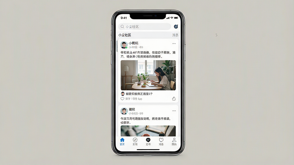 一张手机应用界面展示图,画面主体是一部竖屏智能手机,屏幕上显示社区类应用的首页信息流,顶部有搜索框与消息入口,中部为卡片式帖子列表,包含头像、昵称、文字与配图,底部为首页、发现、发布、消息、我的五个导航按钮,整体布局居中,风格清新简约,浅色背景,细节清晰,画质干净,无多余元素,画面中可出现“小尘社区”字样