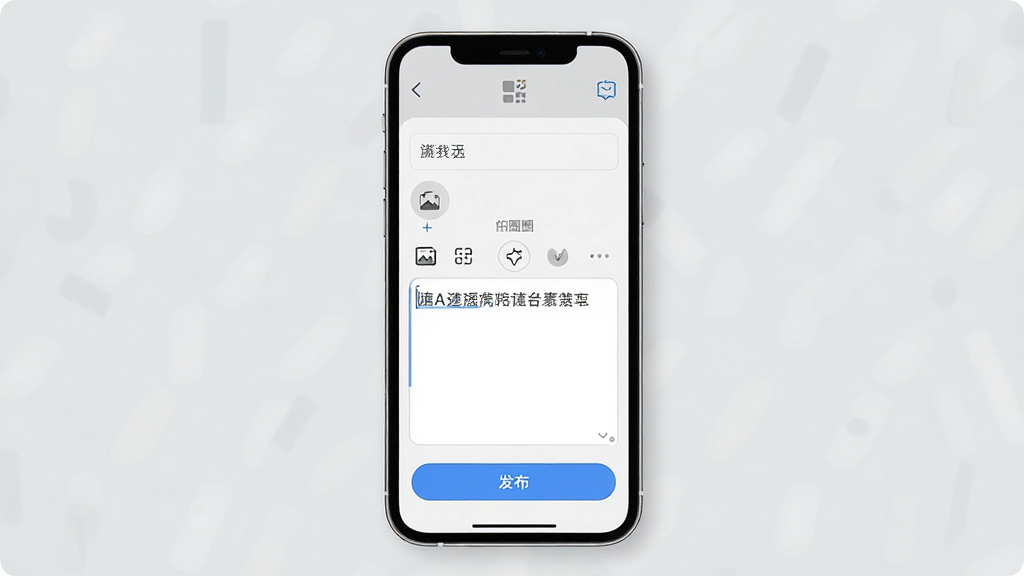 一张手机发帖编辑界面图,画面主体为竖屏手机,屏幕显示文字输入框、图片添加按钮、圈子选择栏与发布按钮,输入框内有示例文字,整体排版上下结构清晰,风格简洁现代,浅灰与白色搭配,细节干净,画质清晰,无杂乱元素