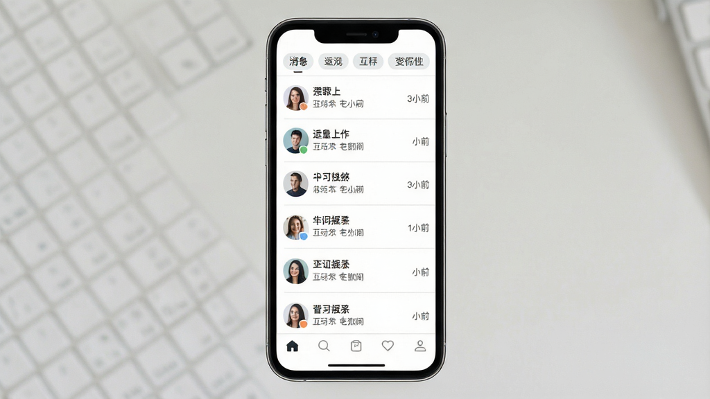 一张消息通知列表界面图,画面主体为手机屏幕,屏幕内为纵向排列的消息条目,每条包含头像、昵称、互动类型文字与时间,顶部有分类标签,底部有导航栏,布局规整,风格轻量简约,白色背景配浅色分隔线,画质干净清晰