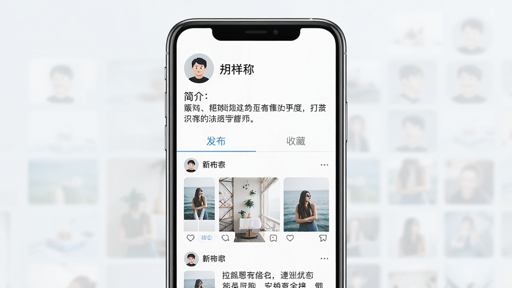 一张个人主页界面图,画面主体为手机屏幕,顶部为头像与昵称区域,下方为简介文字,再往下是发布与收藏两个内容标签页,页面中部展示帖子缩略列表,整体布局居中对称,风格清爽,浅色背景,细节清晰,画质干净