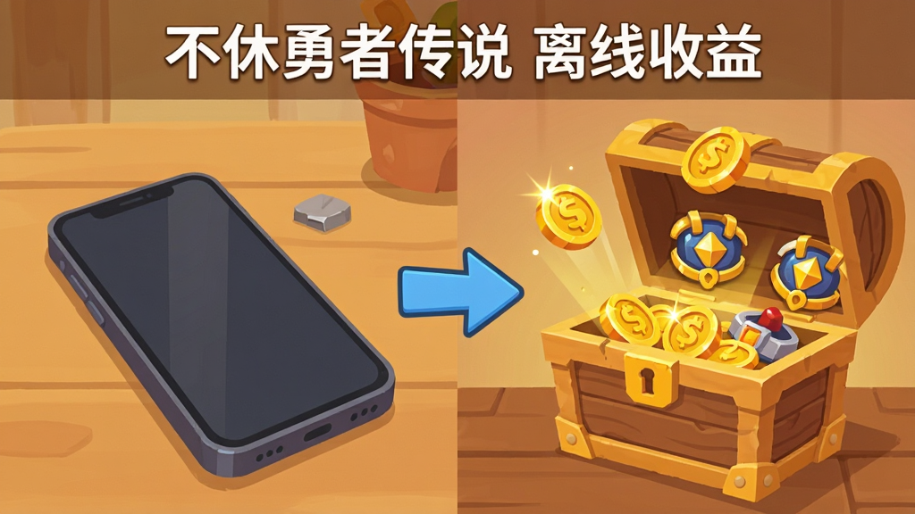 画面分为左右两部分,左侧是手机息屏状态放在桌面上,右侧是游戏内宝箱打开、金币与装备图标飞出的场景,画面中央用蓝色箭头连接,上方用白色字体写着“不休勇者传说 离线收益”,布局为左右对比式,风格为扁平化卡通插画,细节包括金币光泽、宝箱木质纹理、手机边框,画质清晰、色调温暖、干净无多余元素