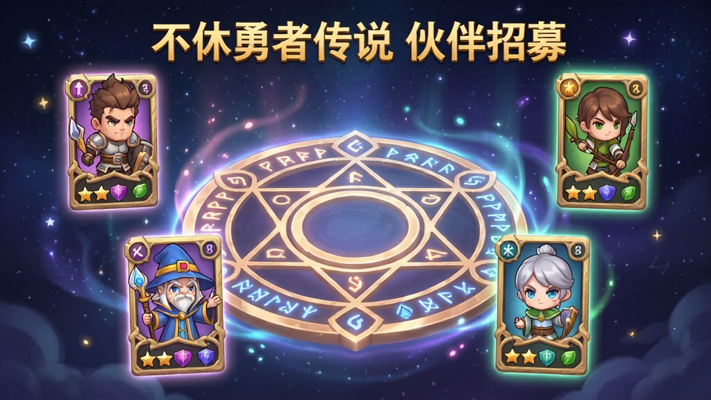 画面中央是一个圆形招募法阵,法阵周围漂浮着战士、法师、射手、辅助四个职业的Q版角色卡牌,卡牌下方显示星级与羁绊连线,背景是星空与魔法光晕,上方用金色字体写着“不休勇者传说 伙伴招募”,布局为环形放射式,风格为奇幻卡通,细节包括卡牌边框花纹、法阵符文、角色表情,画质精美、光影柔和、干净无多余元素