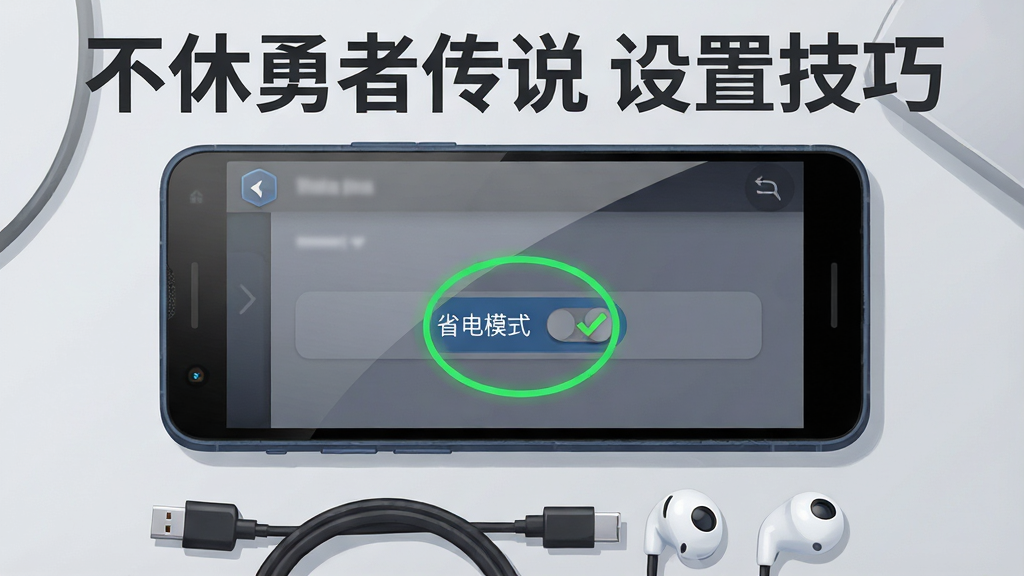 画面展示一部安卓手机屏幕,屏幕上显示游戏设置界面,其中“省电模式”开关被高亮圈出,旁边有一个绿色对勾图标,手机下方放着充电线与耳机,背景为浅灰色桌面,上方用深灰色字体写着“不休勇者传说 设置技巧”,布局为手机特写居中,风格为简洁数码插画,细节包括屏幕反光、图标阴影、桌面纹理,画质清晰、色调清爽、干净无多余元素