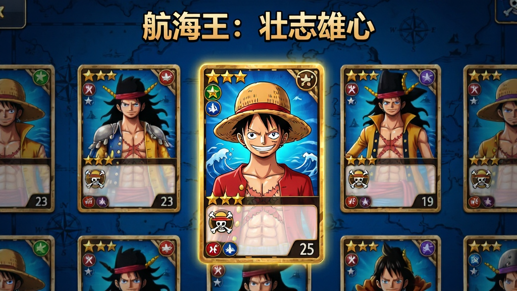 画面主体为多位动漫风格的海贼角色以卡牌形式排列在深蓝色背景上,中央位置突出显示一位戴草帽的主角卡牌并带有金色边框,画面上方书写“航海王:壮志雄心”标题,布局采用网格化卡牌陈列排版,风格为游戏角色图鉴界面,细节上每张卡牌带有星级标识和属性图标、背景有航海图纹理,画质清晰、色彩层次分明、干净无多余元素