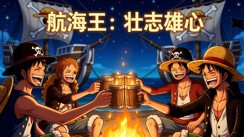 画面主体为一群动漫风格的海贼伙伴在篝火旁举杯欢庆,背景是停泊在岸边的海贼船和满天繁星,画面中央上方书写“航海王:壮志雄心”发光字样,布局采用环形围绕式构图突出团队氛围,风格为温馨热血的日系动漫场景插画,细节上人物表情欢快、火光映照脸庞、船帆上有草帽标志,画质细腻、色调温暖、干净无多余元素
