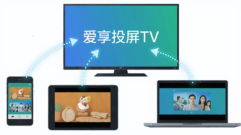 画面主体是一部手机、一台平板与一台笔记本电脑围绕着一台智能电视,三者分别有虚线箭头指向电视屏幕,屏幕中显示