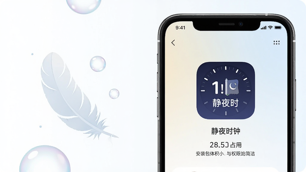 画面主体为一部手机屏幕显示静夜时钟的应用信息页面,突出安装包体积小与权限简洁的特点,屏幕旁放置一个轻质羽毛或气泡元素象征轻量;布局为手机居中偏右,左侧留白放置象征轻量的图形元素;排版简洁清晰;风格为扁平化信息图与产品展示结合;细节包括屏幕内“静夜时钟”应用图标与存储占用数字、背景为浅色渐变、羽毛元素半透明质感;画质干净清爽,无多余元素,传达轻量低耗的产品印象