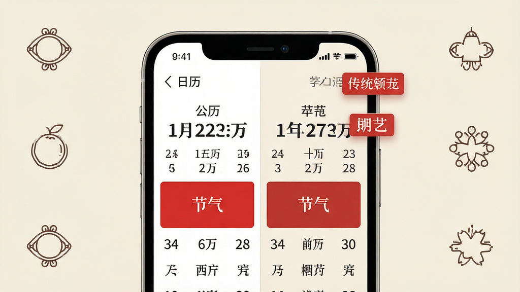日历农历节气百事通功能展示图,画面中央为手机屏幕特写,屏幕内左右对照显示公历日期与农历日期,节气当日以红色色块高亮,传统节日标签悬浮在日期上方,背景为浅米色,四周点缀简约节气线描图标,风格清新素雅,画质清晰,画面干净,无多余元素