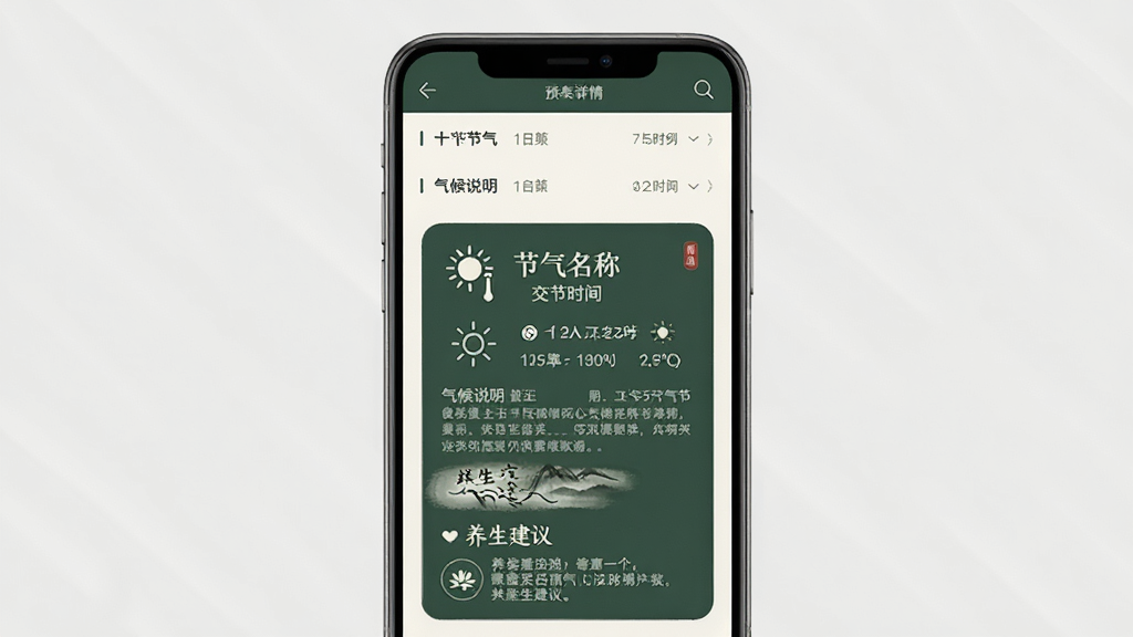 日历农历节气百事通节气详情页预览图,画面中央为手机屏幕,屏幕内展示二十四节气列表与单个节气详情卡片,卡片中包含节气名称、交节时间、气候说明文字与养生建议,页面配色为墨绿与米白,背景为干净浅灰,风格素雅中式,画质高清,画面干净,无多余元素