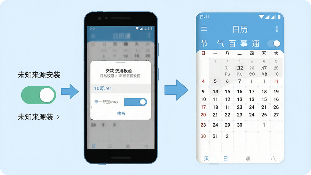 日历农历节气百事通使用教程示意图,画面中央为手机屏幕展示安装权限设置界面与日历主界面并排对比,左侧为安卓未知来源安装开关示意,右侧为日历应用主界面,画面采用浅蓝与白色配色,风格扁平化教程插画,细节包括权限开关图标、日历日期网格、箭头指引标识,画质清晰,画面干净,无多余元素