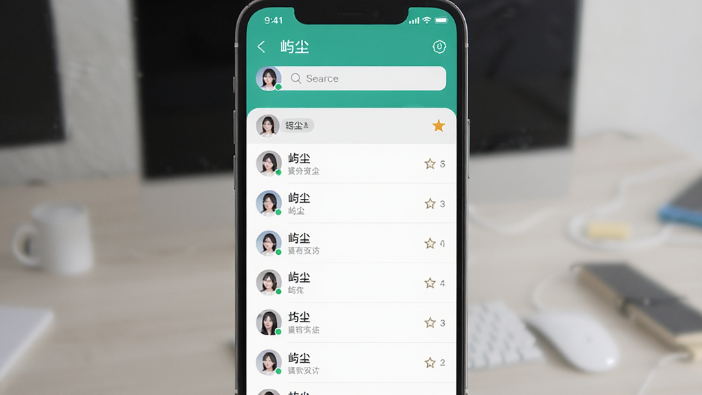 主体是手机通讯录界面,屏幕中显示“屿尘”联系人分组列表,布局为列表纵向排列,排版规整,风格为简约商务风,细节包括分组标签、星标图标、搜索栏,画质清晰、干净、无多余元素
