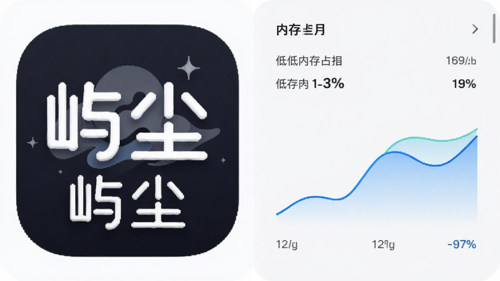 主体是手机性能监控界面与“屿尘”应用图标并排展示,布局为左侧图标右侧内存占用数据,排版左右分栏,风格为科技简约风,细节包括低内存占用百分比、流畅曲线,画质清晰、干净、无多余元素