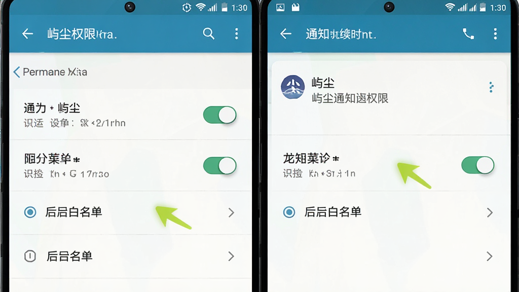 主体是安卓手机设置界面与“屿尘”通知权限页面拼接展示,布局为左右两屏对比,排版清晰,风格为图文教程风,细节包括权限开关、后台白名单选项、箭头指引,画质清晰、干净、无多余元素