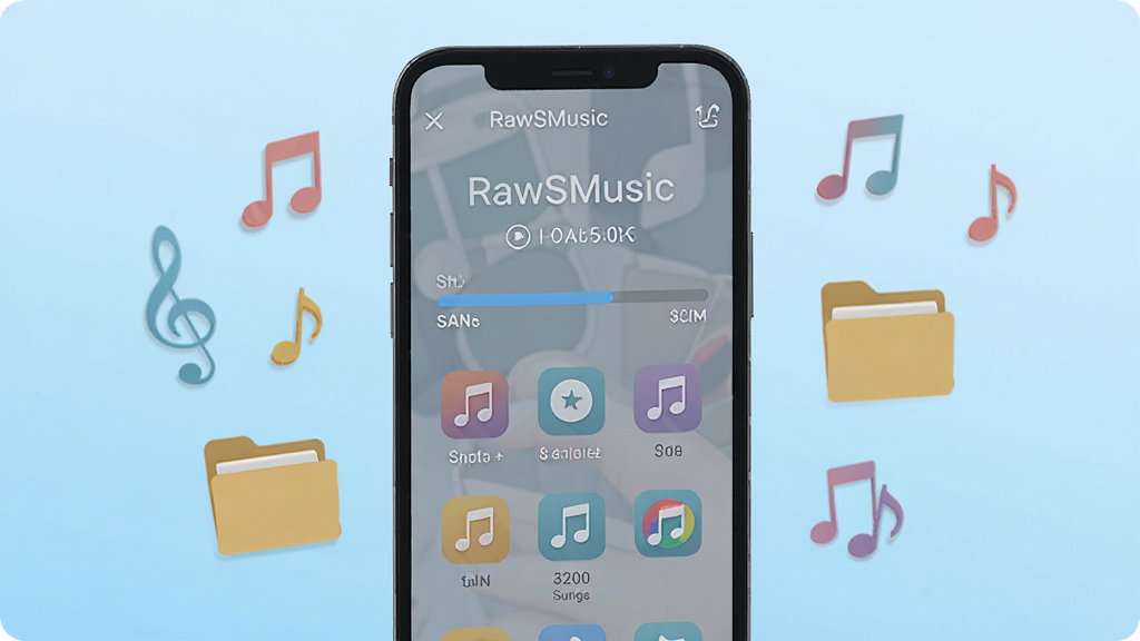 一部手机屏幕显示RawSMusic正在扫描本地音乐,界面中出现进度条和分类图标,周围漂浮着音符与文件夹图形,背景为浅蓝色渐变,风格扁平化插画,布局居中,细节表现扫描进度和歌曲数量统计,画质清晰,干净简洁