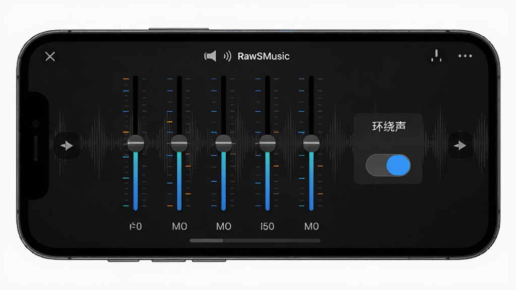 手机屏幕展示RawSMusic的均衡器调节界面,五条垂直滑块排列整齐,旁边有低音增强和环绕声开关按钮,界面风格为深色科技风,背景有淡淡的声波纹理,布局清晰,细节表现滑块刻度和数值,画质高清,干净无多余元素