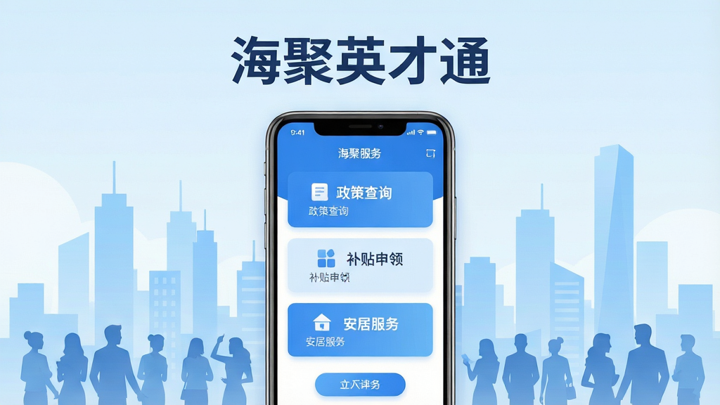 画面主体是一部竖向摆放的智能手机,屏幕中央展示蓝白色调的人才服务类应用界面,包含政策查询、补贴申领、安居服务等卡片式功能入口;手机背后以浅蓝色渐变城市天际线与人群剪影作为背景,布局采用居中构图、上下留白;排版为手机居中、标题文字在画面上方;风格为现代扁平化商务插画风;细节包括界面图标清晰、按钮圆角、配色清爽、光影柔和;画面中打文字“海聚英才通”;画质高清、画面干净、无多余元素