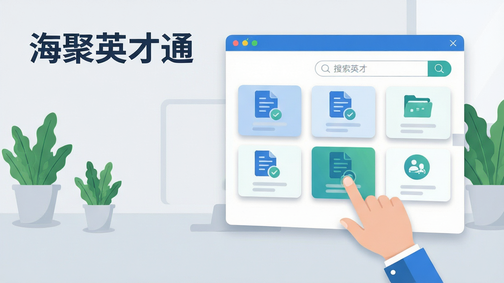 画面主体为一块悬浮的信息面板,面板内以卡片形式排列多组政策文件图标与搜索框,旁边配有一只手点击卡片的动作;背景为浅灰色办公桌面与绿植点缀,布局采用左右分栏、信息面板居右;排版为标题在左上角、卡片纵向排列;风格为清新扁平化办公插画;细节包括卡片阴影柔和、图标线条简洁、配色以蓝绿为主;画面中打文字“海聚英才通”;画质清晰、画面干净、无多余元素
