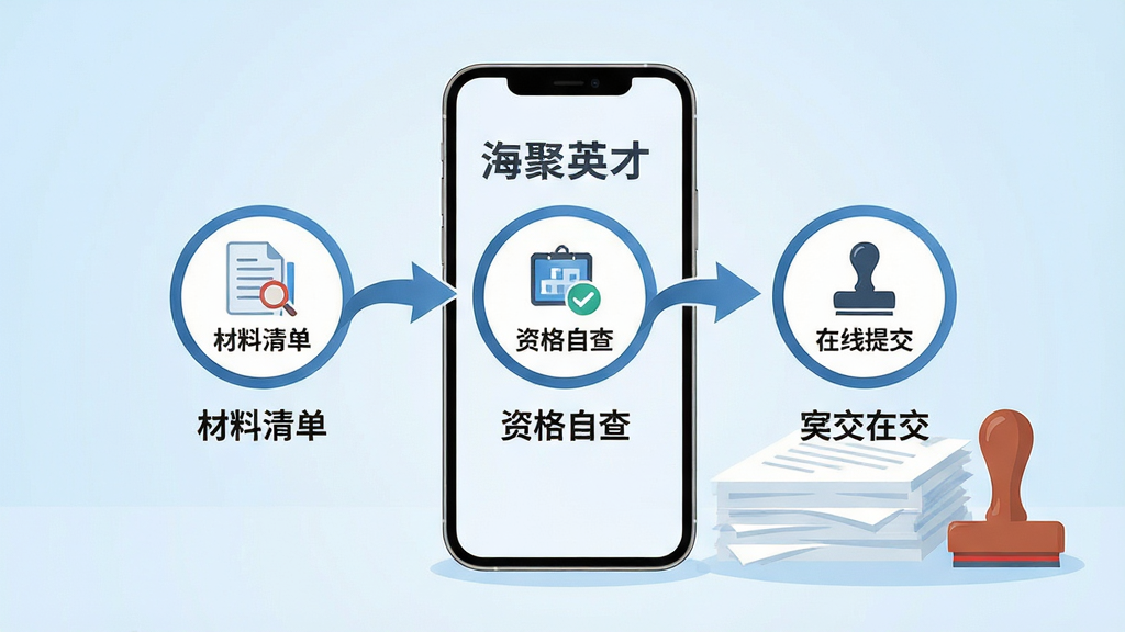 画面主体是一部手机屏幕展示分步骤申领流程图,包含材料清单、资格自查、在线提交三个圆形节点由箭头连接,手机旁配有一叠文件与印章元素;背景为淡蓝色渐变,布局采用中心对称构图;排版为流程节点横向排列、说明文字在下方;风格为简洁商务矢量插画;细节包括节点图标清晰、箭头流畅、配色克制;画面中打文字“海聚英才通”;画质高清、画面干净、无多余元素