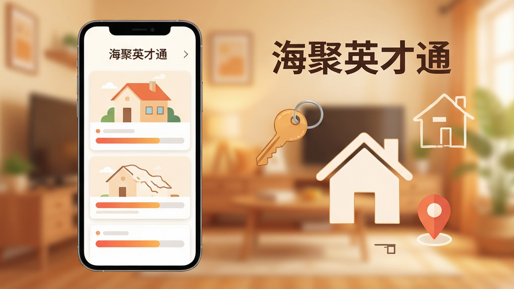 画面主体为手机界面展示房源卡片与进度条,旁边配有钥匙、房屋轮廓与定位图标元素;背景为暖色调室内场景虚化处理,布局采用手机居左、元素环绕右侧;排版为标题居上、内容卡片纵向堆叠;风格为温馨扁平化插画;细节包括房屋线条简洁、进度条渐变、配色柔和;画面中打文字“海聚英才通”;画质清晰、画面干净、无多余元素