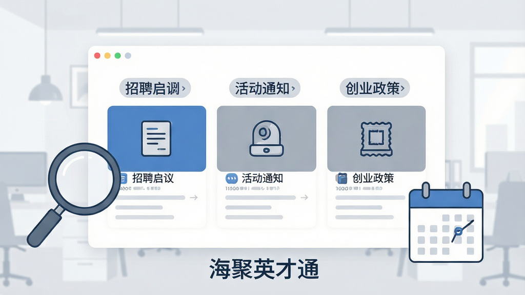 画面主体为一块资讯流面板,面板内包含招聘启事、活动通知、创业政策三类图标卡片,旁边配有一个放大镜与日历元素;背景为浅灰白办公场景,布局采用面板居中、元素点缀四周;排版为卡片三列排布、标题在上方;风格为简约商务插画;细节包括图标线条统一、配色以蓝灰为主、留白充足;画面中打文字“海聚英才通”;画质高清、画面干净、无多余元素