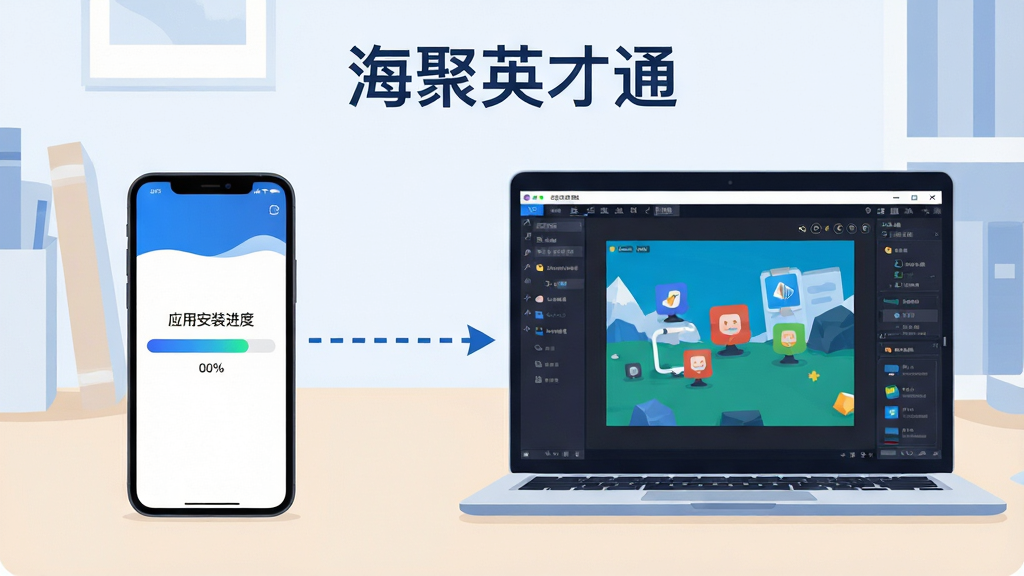 画面主体是一部手机与一台笔记本电脑并排摆放,手机屏幕展示应用安装进度条,电脑屏幕展示模拟器运行界面,两者之间用虚线箭头连接表示跨端使用;背景为浅色书桌场景,布局采用左右对照构图;排版为手机居左、电脑居右、说明文字在上方;风格为清爽扁平化科技插画;细节包括进度条渐变、箭头虚线清晰、配色以蓝白为主;画面中打文字“海聚英才通”;画质高清、画面干净、无多余元素