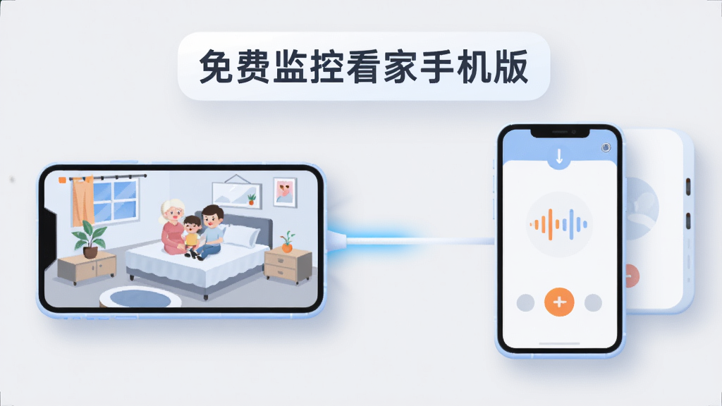 画面中央为两部并排摆放的智能手机,左侧手机屏幕显示家庭卧室监控画面,右侧手机屏幕显示语音对讲界面与声波图标,两部手机之间用一条发光的连接线相连,上方悬浮