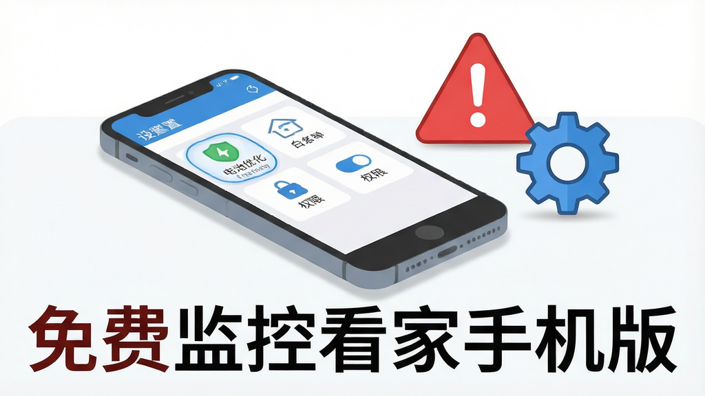 画面主体为一部手机放置在桌面上,屏幕显示监控软件设置界面,界面中突出显示电池优化白名单与权限开关的图标,手机旁边放置一个红色警示三角图标与一个蓝色齿轮图标,画面下方横排