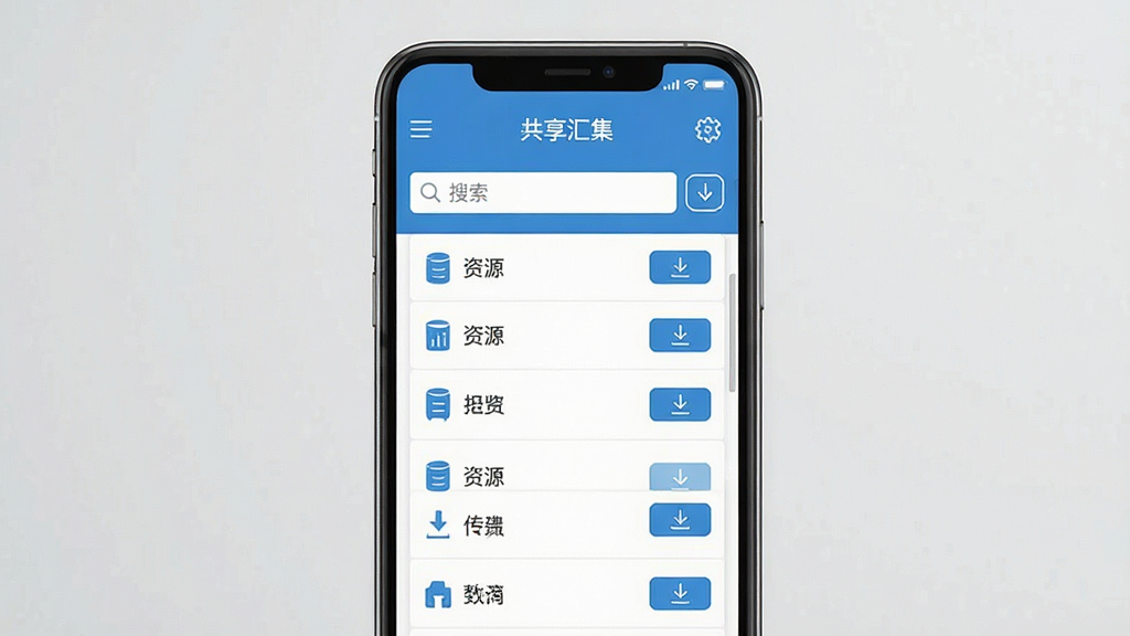 一张展示共享汇集软件主界面的手机截图风格图片,画面中央为手机屏幕,屏幕上显示资源分类列表和搜索框,顶部有软件名称共享汇集字样,布局简洁清晰,风格为扁平化科技蓝配色,细节包含图标、分类标签和下载按钮,画质干净清晰,无多余元素