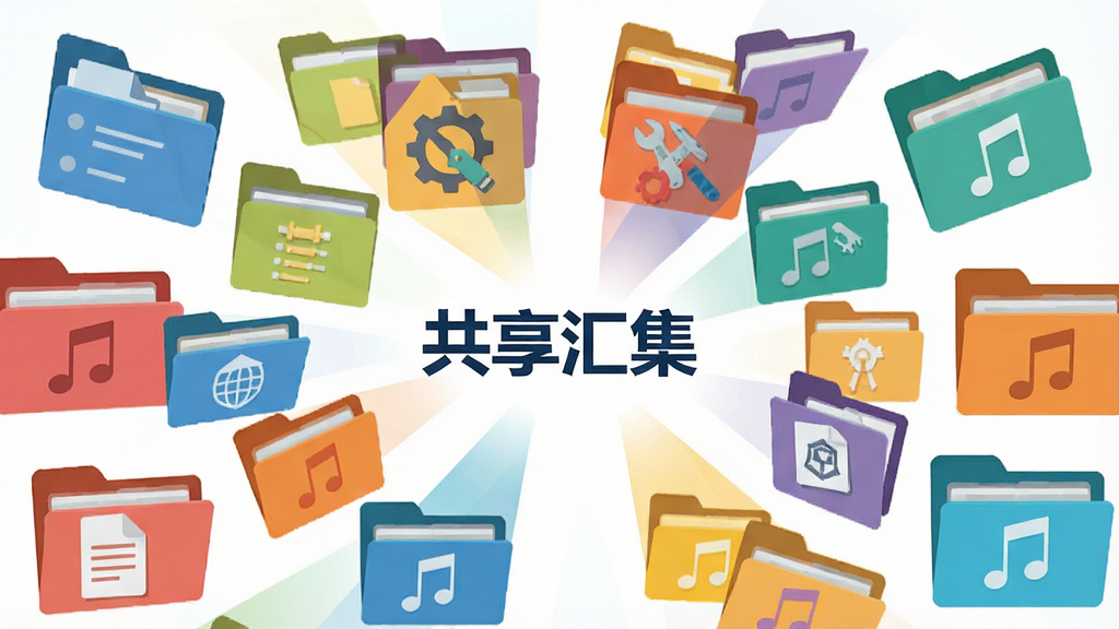 一张表现资源共享汇集功能的插画风格图片,画面为多个彩色文件夹和文件图标向中央汇聚,中央有共享汇集文字标识,布局呈放射状汇聚结构,风格为扁平插画,细节包含文档图标、工具图标、音乐图标,画质干净明亮,无多余元素