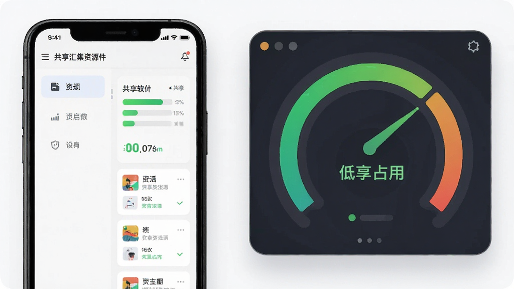 一张展示共享汇集软件运行状态的示意图,画面为手机屏幕旁有性能仪表盘元素,仪表盘显示低占用字样,屏幕内为共享汇集资源列表界面,布局左右分栏,风格为简约科技风,细节包含绿色性能指示条和资源卡片,画质清晰干净,无多余元素