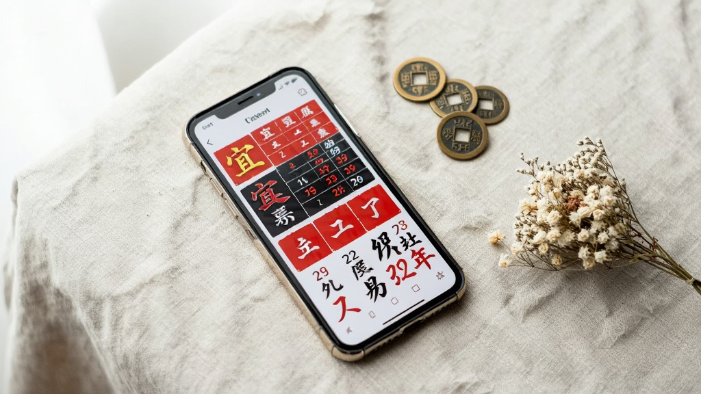一部手机斜放在浅色亚麻布面上,屏幕内呈现红黑分明的宜忌列表与农历大字日期,旁边散落几枚仿古铜钱和一小束干花;画面采用俯拍视角,柔和自然光从左上角洒入,风格清新简约,重点突出手机屏幕内容,画质细腻干净,背景留白充足,无杂乱元素