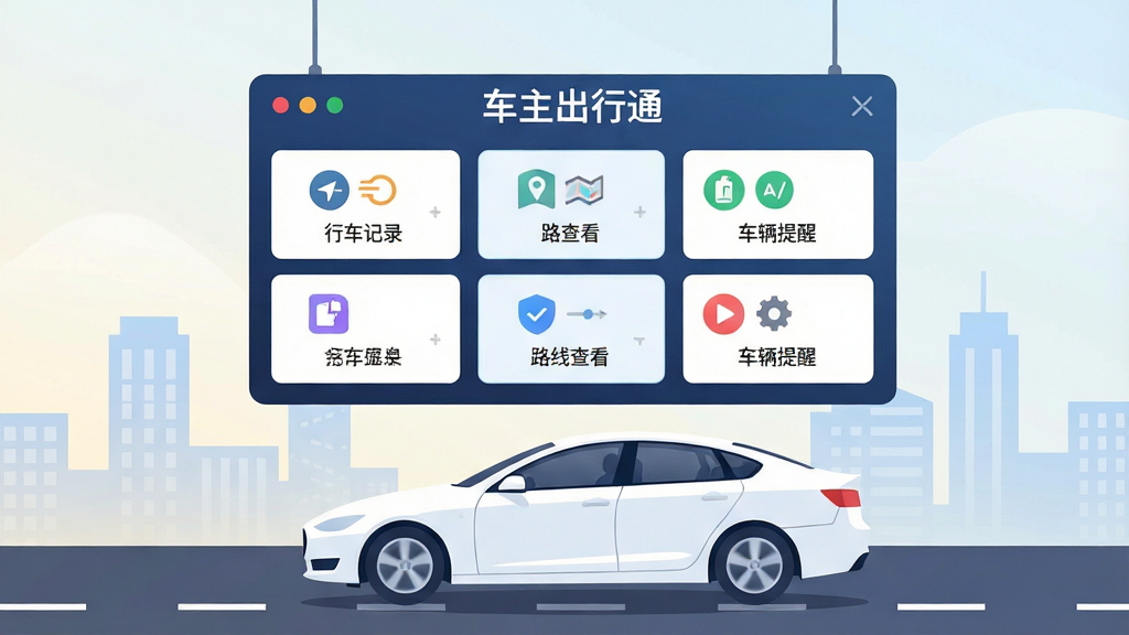 一张表现“车主出行通”一站式服务台概念的插画,画面主体为一块悬浮的数字化车主服务面板,面板上整齐排列多个功能模块卡片,包括行车记录、路线查看、车辆提醒等图标,面板下方是一辆简洁的白色轿车行驶在城市道路上的侧视图,背景为浅色渐变,风格为现代扁平插画,构图横向展开,细节干净利落,画质清晰,无杂乱元素