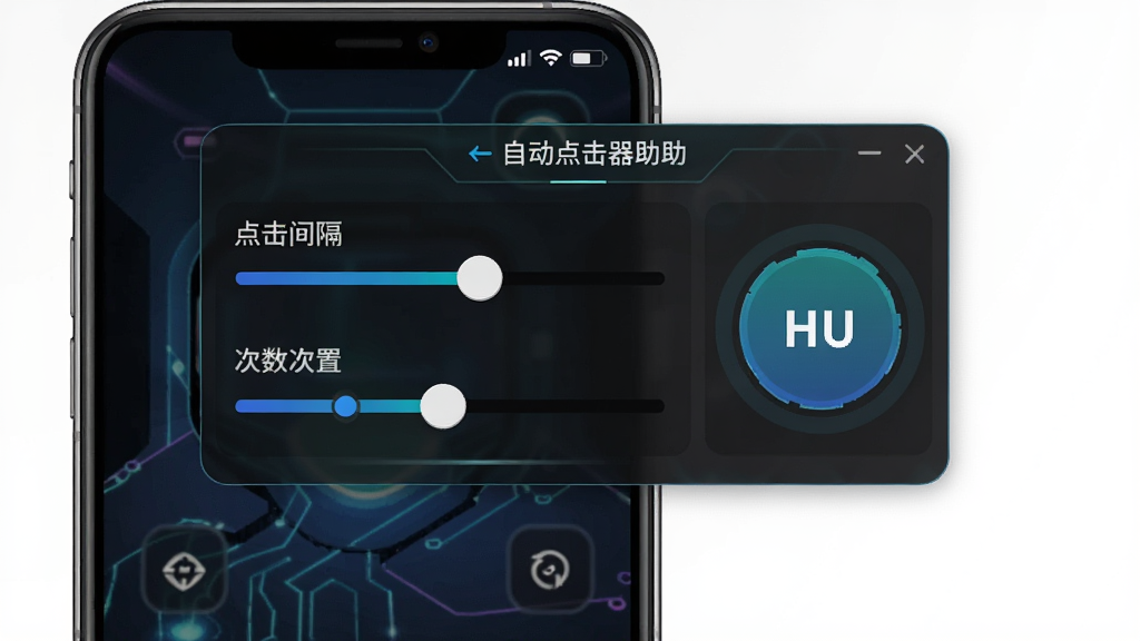 自动点击器(游戏助手)软件主界面截图,画面中央展示悬浮控制面板与连点参数设置区域,布局清晰,左侧为点击间隔与次数调节滑块,右侧为启动暂停按钮,风格简洁科技感,细节包含手机屏幕与悬浮窗元素,画质高清,干净无多余元素